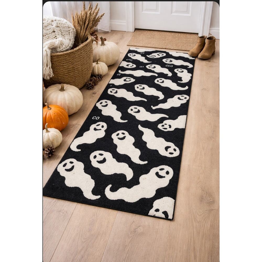 Loloi GHOST Spirited Halloween Runner Area Rug Black Cream Ghost Print